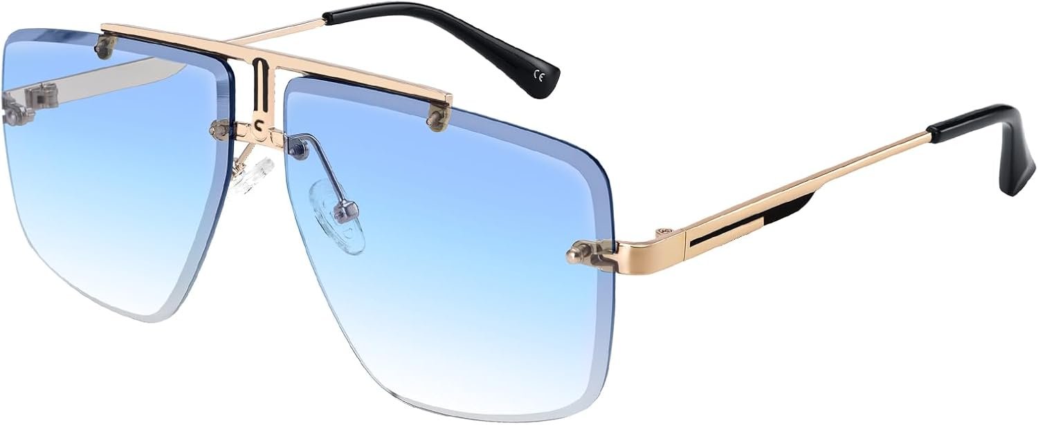 Rimless Oversized Square Sunglasses for Men Trendy Fashion Aviator Frame