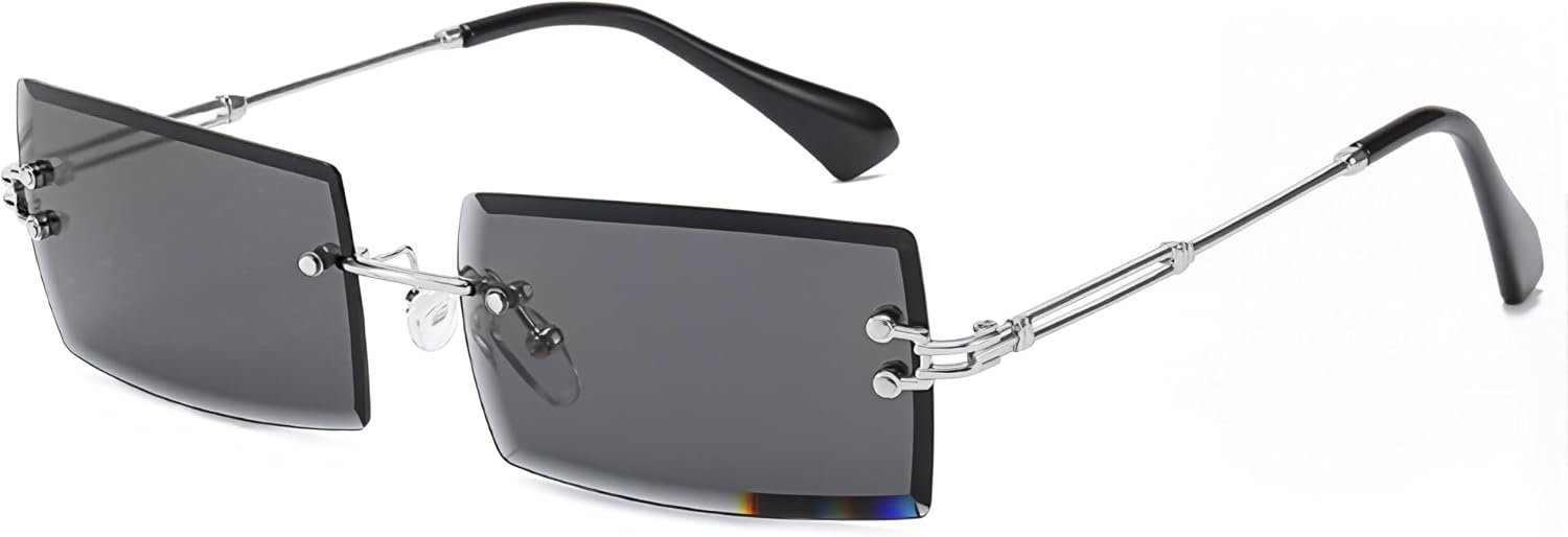 Retro Rimless Rectangle Sunglasses for Women Men Tinted Lens Gold Metal Frameless Vintage Square Glasses