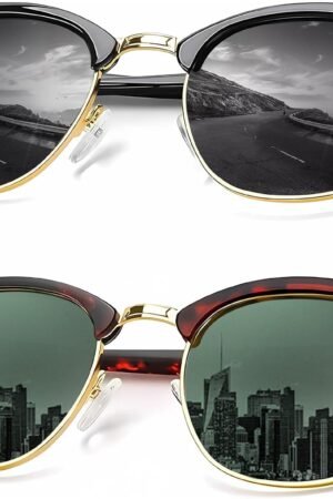 Sunglasses Men Polarized Sunglasses for Men Women Unisex Semi-Rimless Frame Retro Driving Sun Glasses UV Blocking