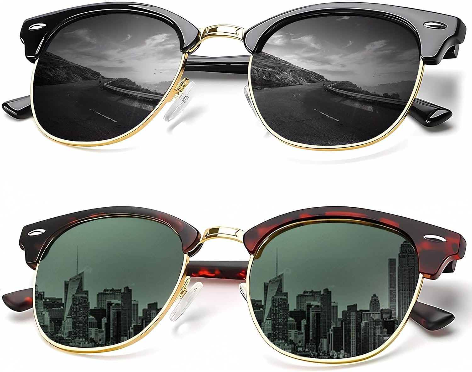 Sunglasses Men Polarized Sunglasses for Men Women Unisex Semi-Rimless Frame Retro Driving Sun Glasses UV Blocking