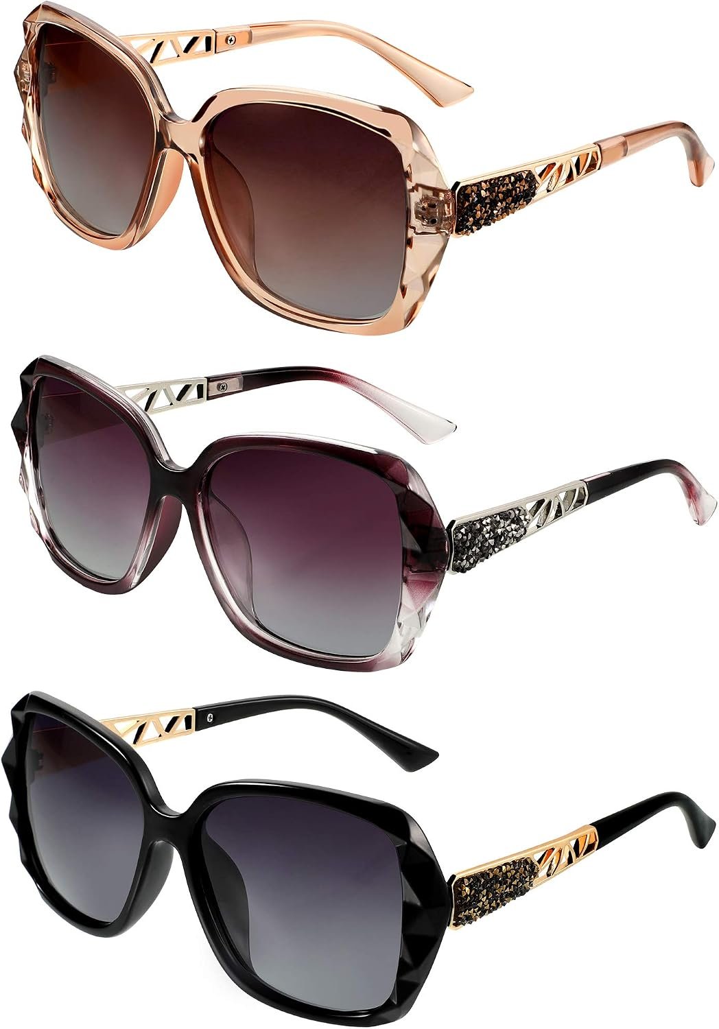 3 Pcs Women Oversized Sunglasses Rhinestone